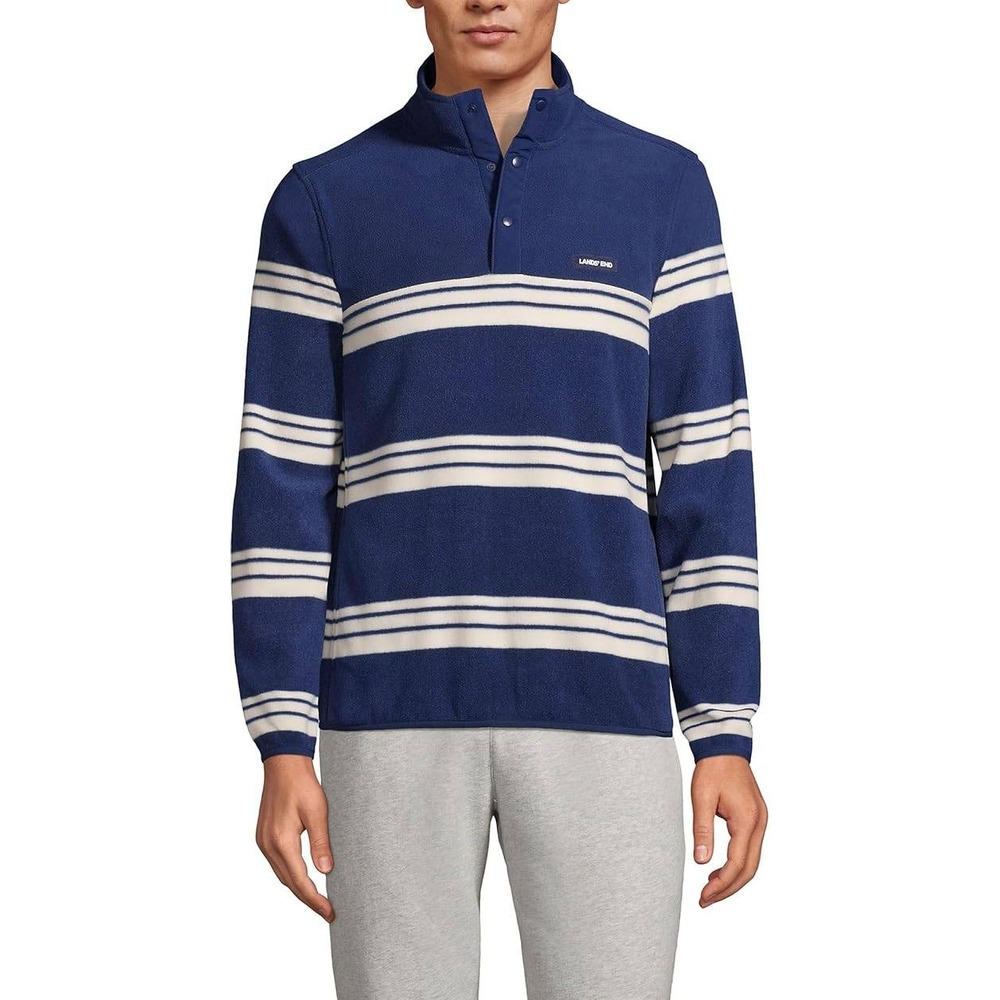 Lands End Mens Fleece Pullover Striped Quarter Snap Button Neck Blue White MT